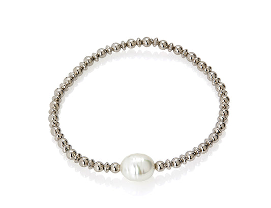 Silver Bead & Oval Pearl Stretch Bracelet